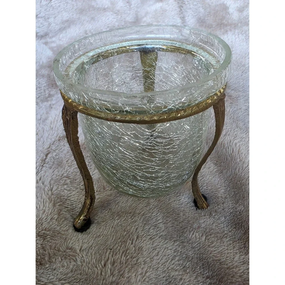Vintage Crackle Glass Votive Candle Holder with Brass Tone Metal Tripod Stand